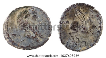 Roman Republic Coin. Ancient Roman silver denarius of the family Titia.