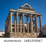 Roman ruins of the Temple of Diana in the city of Merida in the province of Badajoz, Spain.