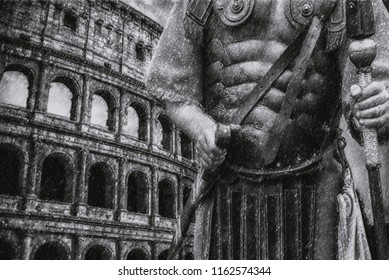 Roman Soldier Centurion And  Colloseum In Background,sketch Effect, Soft Focus