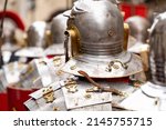 roman soldiers in a historical reenactment in easter. People performing a Roman legion