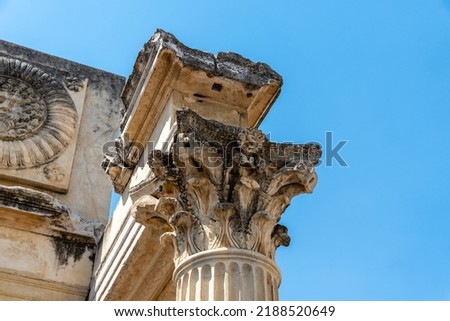 Roman Temple of Diana in Merida, Spain. Columns with capital in Corinthian style