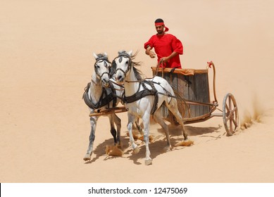 Roman Warrior With Horse And Chariot Cart During Roman Show In Jerash, Jordan