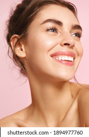 Romance And Beauty. Close Up Of Happy Young Woman With Nude Makeup And White Perfect Smile, Looking Away Dreamy About Valentines Day, Standing On Pink Background.