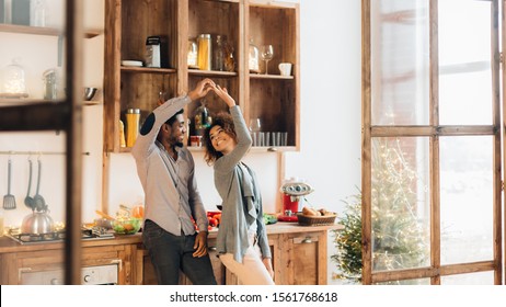 Romance In Everyday Life. African-american Couple In Love Dancing At Kitchen Interior, Panorama, Copy Space