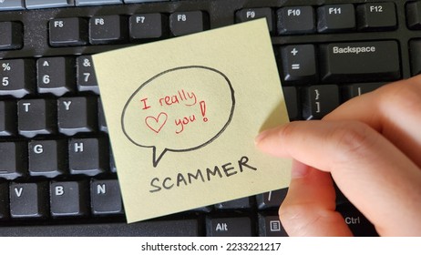 Romance love scams concept. Scammer vs victim  - Shutterstock ID 2233221217