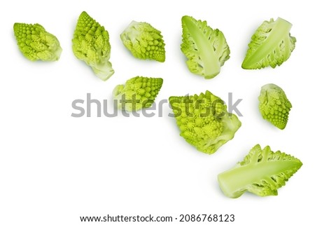 Romanesco broccoli cabbage or Roman Cauliflower isolated on white background with clipping path. Top view with copy space for your text. Flat lay