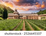 Romanesque Cistercian Abbey of Notre Dame of Senanque set amongst flowering lavender fields, near Gordes, Provence, France. Abbaye Notre-Dame de Senanque Romanesque Cistercian Abbey, Provence, France.