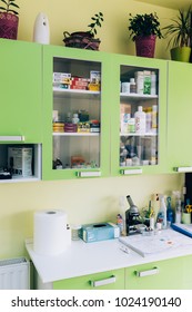 Romania, Bucharest - 22 November, 2015: Pose Of A Closet With Medication And Supplies For Animals And A Table With Medical Accessories And Register.