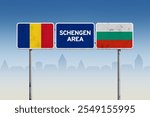 Romania and Bulgaria Flags with Schengen Area Sign Representing European Union Border Integration and Travel Freedom