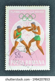 Romania - Circa 1968 : Cancelled Postage Stamp Printed By Romania, That Shows Boxing, Promoting Summer Olympics In Mexico, Circa 1968.