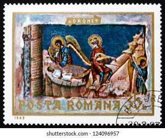 ROMANIA - CIRCA 1969: A Stamp Printed In The Romania Shows The Last Judgement, Detail, Fresco From Voronet Monastery, Wall Painting, Circa 1969