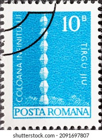 Romania - circa 1973: A post stamp printed in Romania showing the Brancusi: Infinity Column 