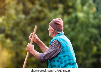 SÂNGEORZ-BĂI, ROMANIA - June 04, 2019: Elderly Shepherd Looking In The Distance Holding A Rod In His Hands