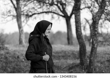 Romania, Maramures 2018. Old Lady With A Stick To Help Her Stand. She Was Telling Us A Story Of The Area.