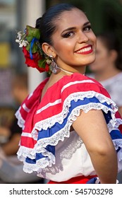 ROMANIA, TIMISOARA - JULY 7,2016:Young woman from Costa Rica in traditional costume, present at the international folk festival, "International Festival of hearts" organized by the City Hall Timisoara