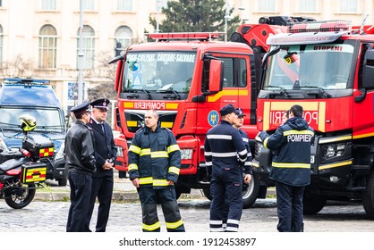 Romanian Firefighting Emergency Firemen (Pompierii) Parked In Front Of The Home Office (Ministry Of The Interior) In Bucharest, Romania, 2021