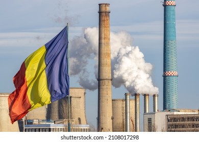 Romanian Flag Waving With CET Sud Bucharest Thermal Power Plant In The Background. Cold Winter Day. Concept For Pollution In Romania.