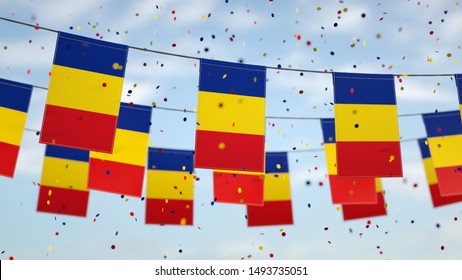 Romanian flags in the sky with confetti. - Powered by Shutterstock