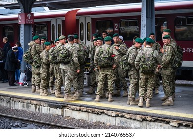 Romanian Military Man Waiting For Train At Bucharest Railstation, Romania, 2022