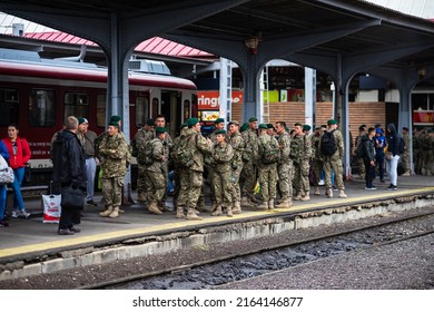 Romanian Military Man Waiting For Train At Bucharest Railstation, Romania, 2022