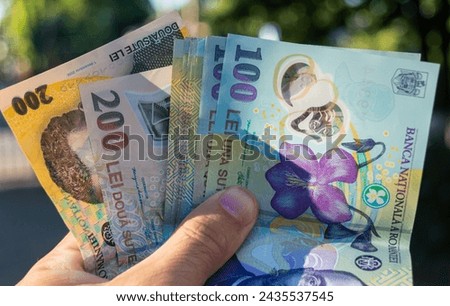 Romanian money hand. Romanian LEI currency, close up. Romanian banknotes of 50, 100 and 200 lei in hand. Making payments, inflation and economic situation concept
