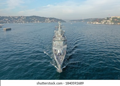 Romanian Navy Frigate Transits Istanbul Strait Southbound In Turkey.