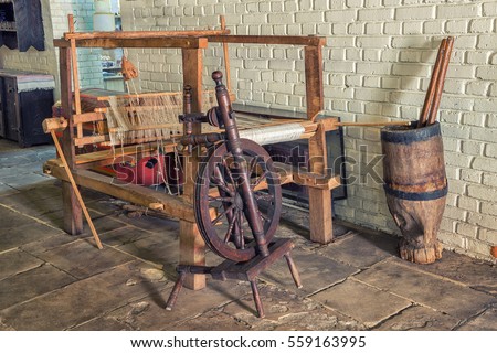 Romanian old age wooden loom machine for making cloths and fabrics totally manually handled, and a manually operated mill machinery 