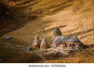 Romanian village landscape from Transylvania Romania, Autumn, November 2019 with an isolated shepherds barn house