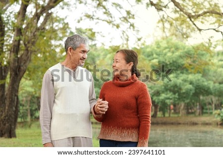 romantic asian elderly couple talking and hands holding together in autumn park,older adult people relaxing in nature,concept of lifestyle,family,family relationship                               