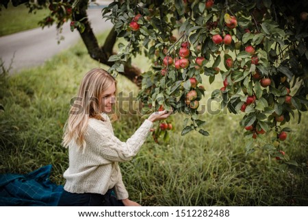 Romantic autumn portrait of blonde woman picking a red apple and wearing cozy biege sweater