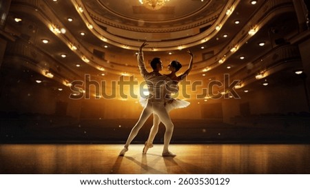 Romantic ballet duo in dramatic pose, golden spotlight illuminating delicate movement. Concept of classical dance, art and grace, beauty, choreography in emotional connection.