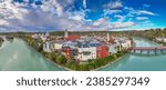 Romantic Bavarian town on the Inn river, panoramic aerial view