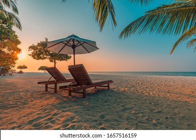 Romantic Beach Scenery, Summer Vacation Or Honeymoon Background. Travel Adventure Sunset Landscape Of Tropical Island Beach. 