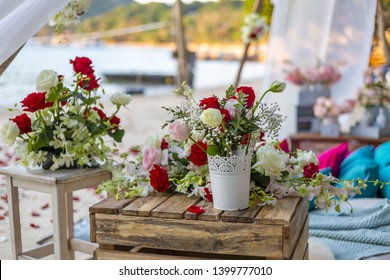 Romantic Beach Setting With Blue And Pink Cushion Pillows Rug Bamboo Structure Love Concept No People