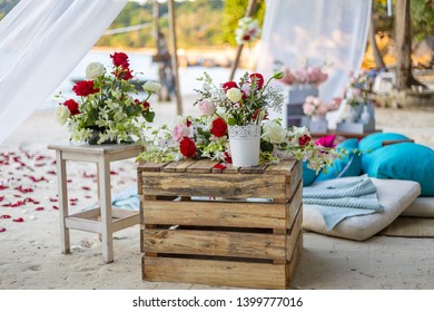 Romantic Beach Setting With Blue And Pink Cushion Pillows Rug Bamboo Structure Love Concept No People