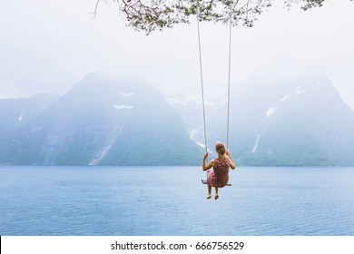 Romantic Beautiful Girl On Swing In Norway, Happy Dreamer, Inspiration Background