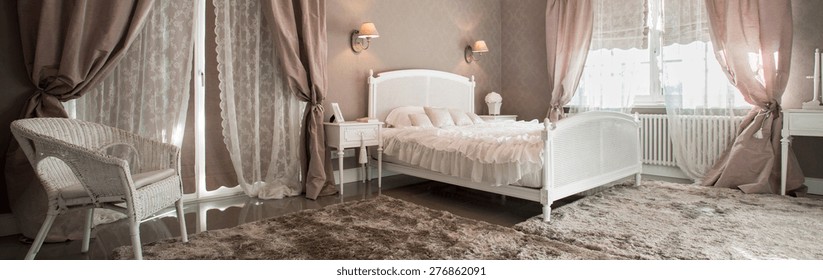 Romantic Beauty Bedroom Interior With Soft Carpet, Panorama