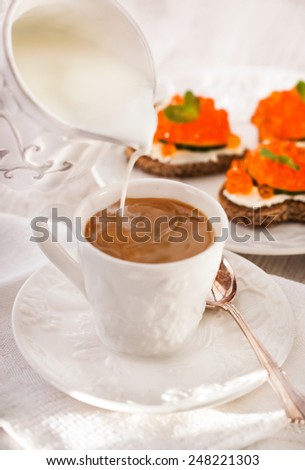 Romantic breakfast with coffee and toasts, Valentine concept