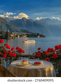 Romantic breakfast table set with white tablecloth and red roses on a balcony overlooking a scenic lake with mountains. A white cruise boat sails across the calm blue water under a clear sunny sky. Beautiful landscape of a European lakeside town, ideal for luxury travel, vacation, and summer relaxation concepts