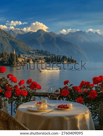 Romantic breakfast table set with white tablecloth and red roses on a balcony overlooking a scenic lake with mountains. A white cruise boat sails across the calm blue water under a clear sunny sky. Beautiful landscape of a European lakeside town, ideal for luxury travel, vacation, and summer relaxation concepts