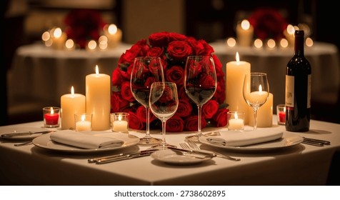 Romantic Candlelight Dinner Setup with Red Roses, Wine Glasses and Elegant Table Setting