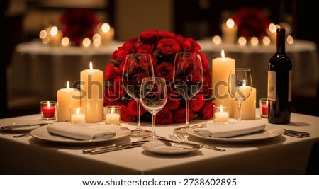 Romantic Candlelight Dinner Setup with Red Roses, Wine Glasses and Elegant Table Setting