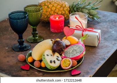 Romantic Candlelight Dinner With Tropical Fruits.