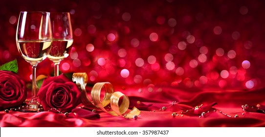 Romantic Celebration Of Valentine's Day, With Wine And Roses
