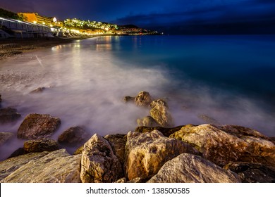 Romantic Cote D'Azure Beach At Night, Nice, French Riviera, France