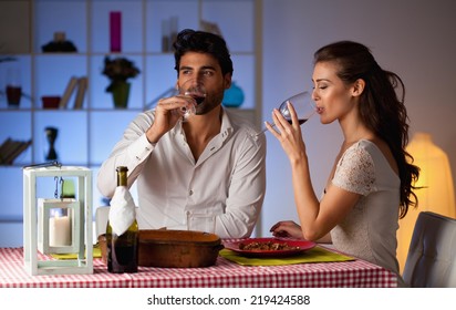 Romantic Couple Having Dinner At Home.