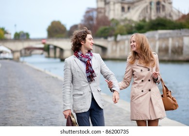 Romantic Couple In Paris At The Embankment