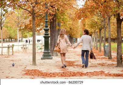 Romantic Couple In Paris, Having A Date At Fall