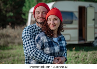 Romantic Couple Spending Time Together Near Trailer Home. 