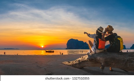 Romantic Couple Traveler Joy Look Beautiful Nature At Sunset Pak Meng Beach Outdoor Lifestyle Attraction Travel Trang Thailand Exotic Beach Tourist On Summer Holiday Vacation, Tourism Destination Asia